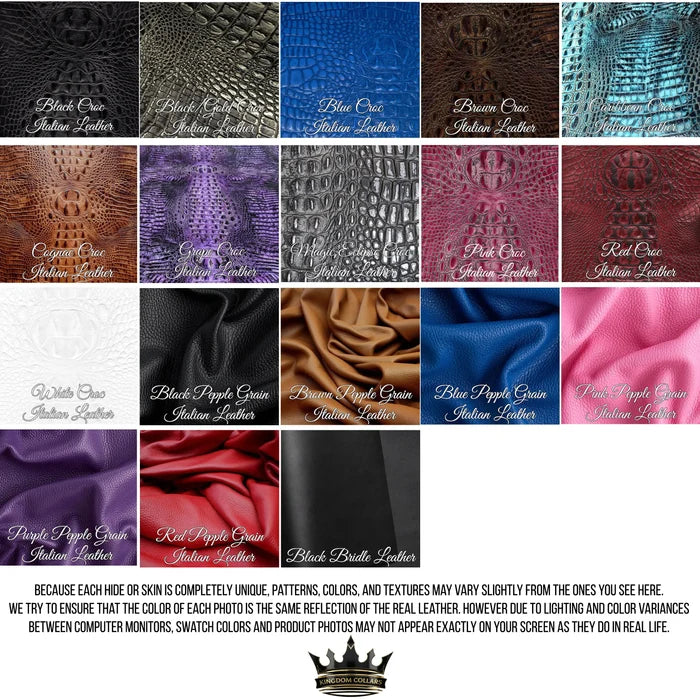 A color and material swatch chart showing multiple faux crocodile leather fabric options arranged in a grid, with labels such as Black Chrome, Blue Chrome, Bronze Chrome, Silver Chrome, Green Chrome, Red Chrome, Gold Chrome, White Chrome, Black Velvet, Blue Velvet, Brown Velvet, Gray Velvet, Navy Chrome, Blue Chrome, Royal Blue Chrome, Teal Chrome, Black Velvet, and Satin Chrome.