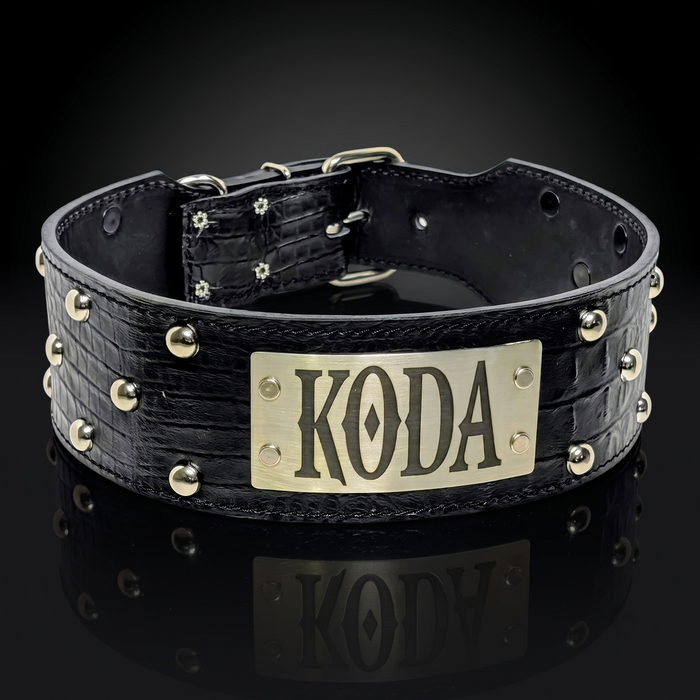 2.5"–3" Wide Personalized Italian Leather Studded Dog Collar | Dome Studs