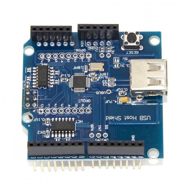 Arduino Compatible USB Host Shield - a blue circuit board featuring a USB Type-A port, a reset button, multiple pin headers, and integrated chips.