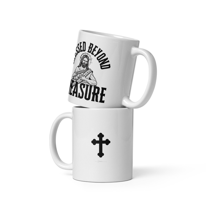 Blessed Beyond Measure White Christian Mug with Cross – 11 oz — white, back view