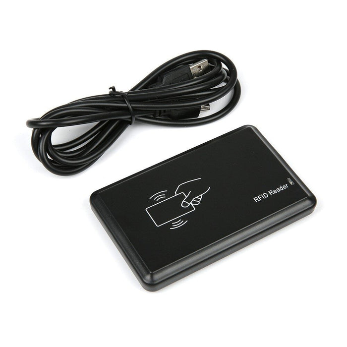 JT308 13.56MHz USB Proximity Sensor Smart RFID Id Card Reader - a black rectangular device with an icon and USB cable, shown on a white background.