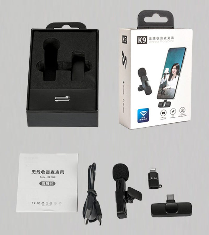 K9 Wireless Microphone For Mobile Type-c & Lightning - the black microphone, Type-C and Lightning receivers, a charging cable, manual, and the product packaging box.