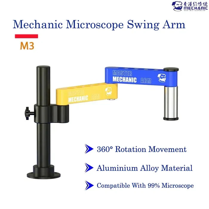 MECHANIC M3 UNIVERSAL ROBOTIC ARM - Microscope Bracket - adjustable black metal pillar stand featuring a yellow arm, a blue arm, and a silver cylindrical mount, all marked with "MASTER MECHANIC ARM" text and logos.