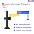 MECHANIC M3 UNIVERSAL ROBOTIC ARM - Microscope Bracket - adjustable black metal pillar stand featuring a yellow arm, a blue arm, and a silver cylindrical mount, all marked with "MASTER MECHANIC ARM" text and logos.