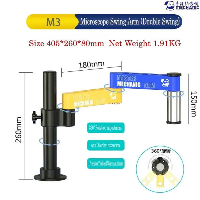 MECHANIC M3 UNIVERSAL ROBOTIC ARM - Microscope Bracket - black metal vertical stand attached to a yellow and blue double-jointed articulating arm with white text and logos, featuring a circular mounting attachment.