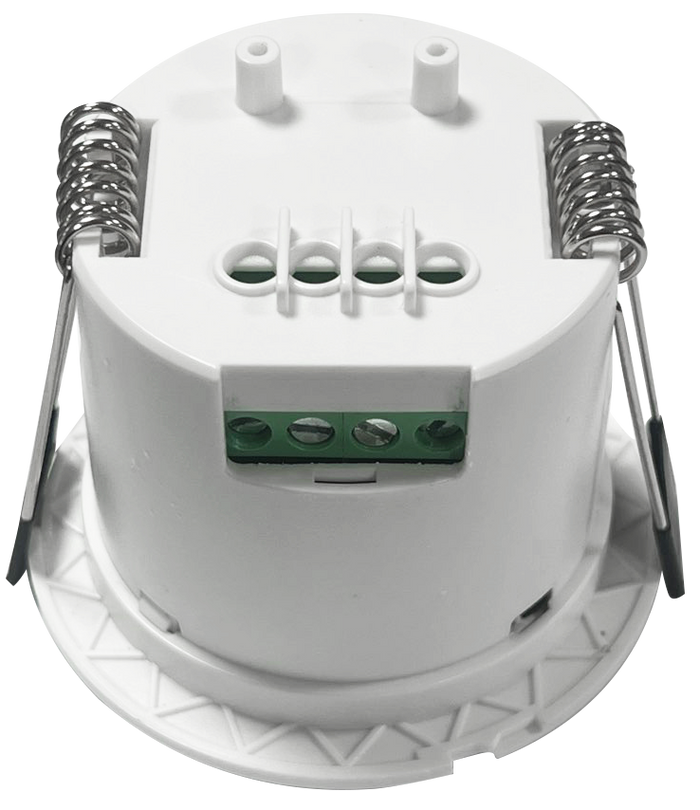 RA24K45 24GHz Presence Sensor Switch – Integrated mmWave Radar Module, Human Motion Detection - a white cylindrical ceiling-mount module featuring two spring-loaded mounting clips and a four-terminal green block.