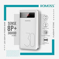 Romoss 30000mAh 18W Type c Pd 3 Outputs 3 Inputs Fast Charging Portable Charger Battery Pack Sense 8p+ Plus - a white rectangular portable charger with a digital LED display showing 100, set against a branded graphic background.