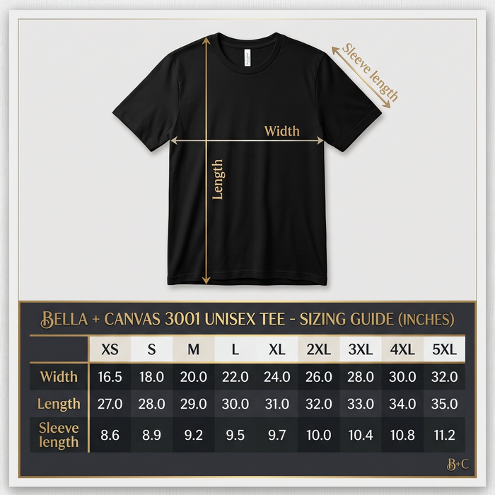 Black t-shirt on a hanger with size chart for Bella + Canvas 3001 t-shirts.