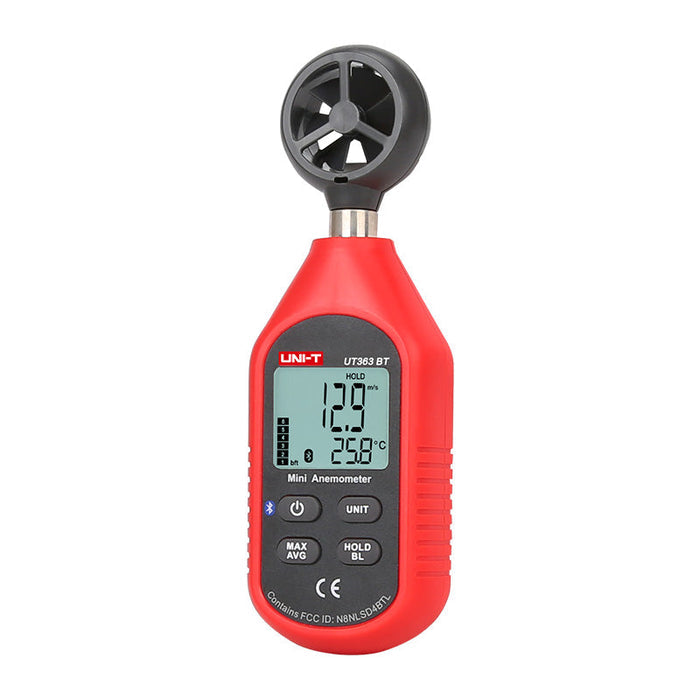 UNI-T UT363 Mini Anemometer Wind Speed Meter – 0–30 m/s, Temperature −10°C to 50°C, ±(5%+0.5), MAX/AVG, Backlit LCD, Compact Handheld - a top wind sensor, a digital LCD showing 12.9 m/s and 25.8°C, and four control buttons on the front.
