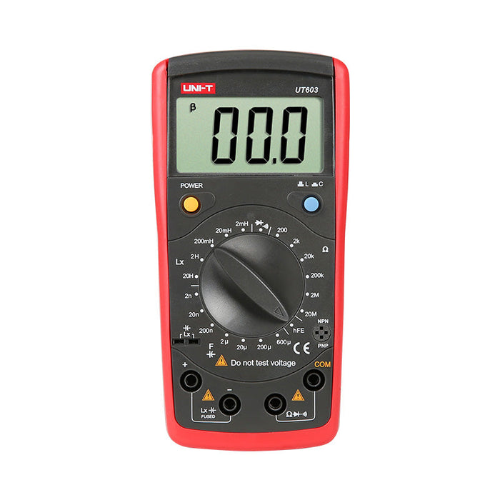 UNI-T UT603 Digital Inductance Capacitance Meter – 2000 Count, 2mH–20H, 2nF–600µF, 200Ω–20MΩ, hFE Transistor Test, Diode & Continuity, LC Component Tester - a central rotary dial, two buttons, a digital display reading 00.0, and ports.