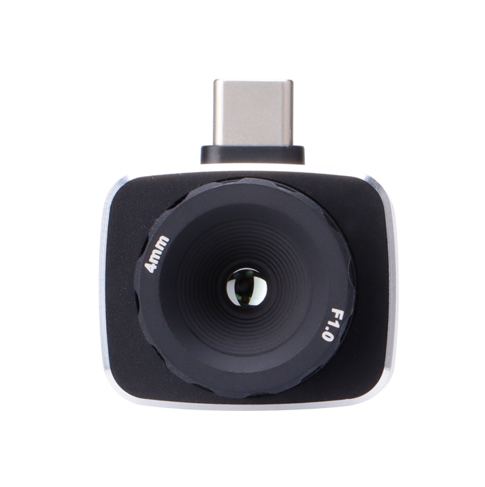 UNI-T UTI722M Smartphone Thermal Camera Module for Android - a front-facing close-up of the black camera lens with 4mm and F1.0 markings.