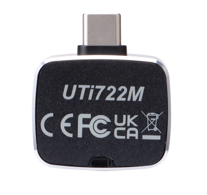 UNI-T UTI722M Smartphone Thermal Camera Module for Android - a black, square-shaped device with a top USB-C connector and regulatory markings printed on the front.