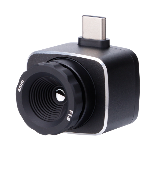 UNI-T UTI722M Smartphone Thermal Camera Module for Android - a black, compact square device with a 4mm F1.0 lens and a top-mounted USB-C connector.