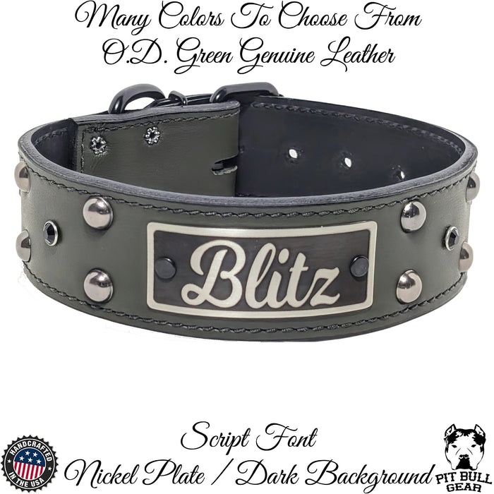 2" wide black leather dog collar with name plate studs and gems, displayed with the name 'Blitz' on it.