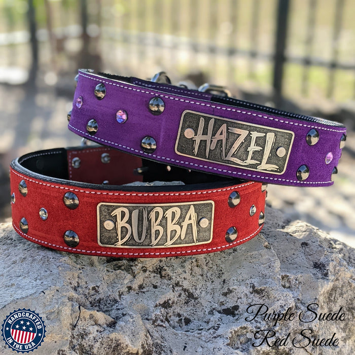 W43 - 2" Wide Leather Dog Collar with Name Plate Studs & Gems