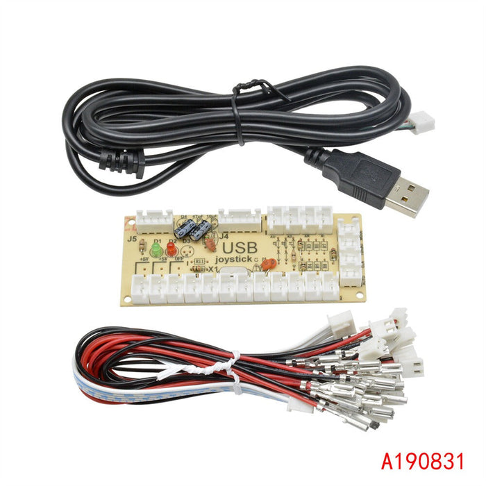 Zero Delay Arcade USB Encoder PC to Joystick - a rectangular circuit board with white connectors, a USB cable, and a bundle of wiring leads.